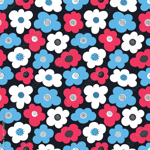 Floral Print with Multicolored Flowers. Seamless Memphis Pattern with Decorative Flowers on Black Background. Sample can be used for Fabric, Cover, Wrapping Paper. Vector Illustration