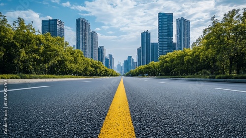 Straight asphalt road with yellow center line leading to a city skyline with green trees