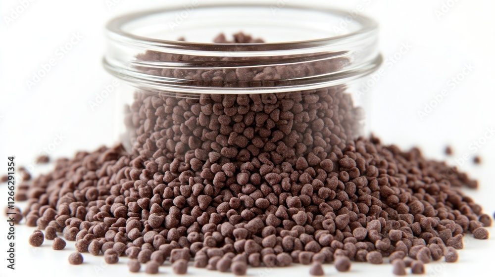 Dark brown granules in a glass jar; studio shot