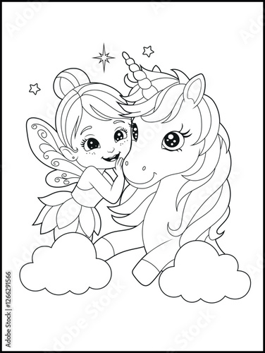 Black and white fairy coloring pages for kids. Children's coloring books with cute cartoon fairy and unicorn characters, fun and educational materials for kindergarten.
