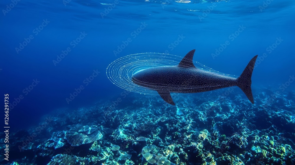 Fototapeta premium Submarine Technology Stealth Military Graceful shark swimming in clear ocean waters.