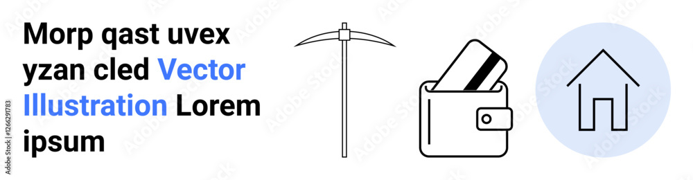 Wallet holding credit cards, a pickaxe, and a house icon with a blue circle background. Ideal for finance, real estate, investment, security, housing personal finance and online banking. Landing Wallet holding credit cards, a pickaxe, and a house icon with a blue circle background. Ideal for finance, real estate, investment, security, housing personal finance and online banking. Landing