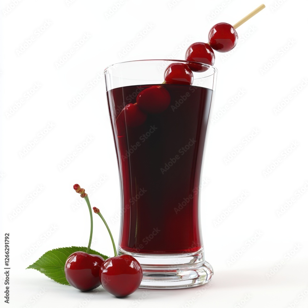 Cherry juice in a glass with cherries on a white background