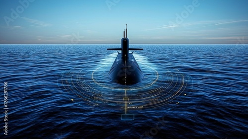Submarine Technology Stealth Military Abstract radar interface with glowing stealth submarine silhouette