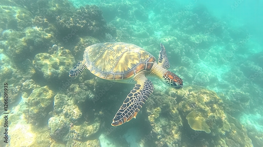 Obraz premium A serene green sea turtle gliding gracefully over vibrant coral reefs in a clear ocean