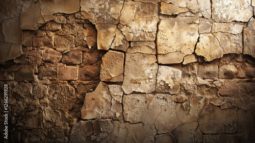 Cracked and weathered wall texture with peeling paint and rough surface, showcasing earthy tones and rustic appearance