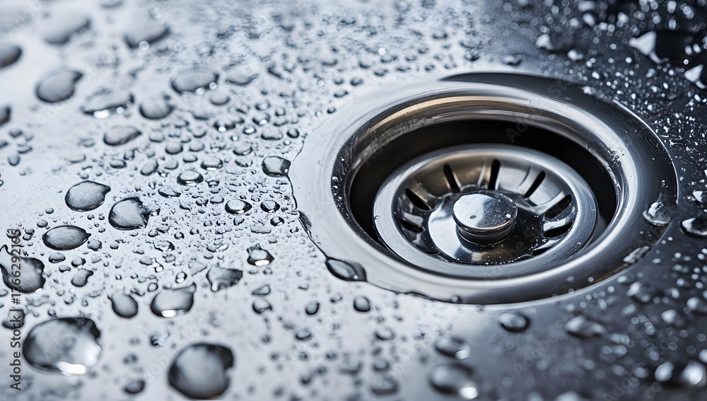 Water droplets on stainless steel sink drain Water droplets on stainless steel sink drain