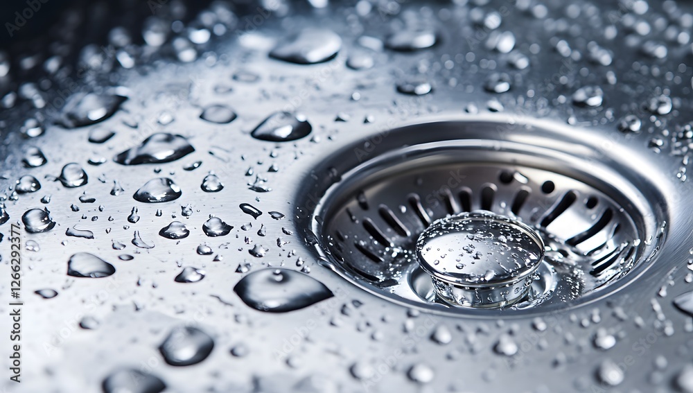 Water droplets on stainless steel sink drain Water droplets on stainless steel sink drain