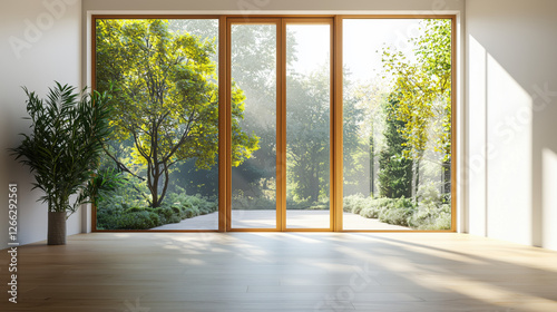 Wallpaper Mural Empty Blank white interior room with warm wood floor, large floor to ceiling glass windows and doors, open to outdoor patio backyard garden. minimal airy modern interior space for mockup and design Torontodigital.ca