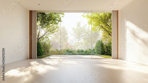 Wallpaper Mural Empty Blank white interior room with warm wood floor, large floor to ceiling glass windows and doors, open to outdoor patio backyard garden. minimal airy modern interior space for mockup and design Torontodigital.ca