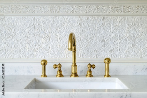 Wallpaper Mural Gold faucet, marble countertop, ornate tile backsplash Torontodigital.ca