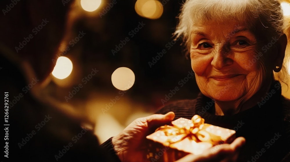 Naklejka premium Elderly woman receiving a golden gift box from a loved one during a cozy evening.
