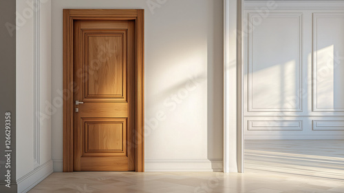 Simple French Villa house interior wooden Door with small white corridor to living room. natural oak wood timber panel door and frame, entrance door in natural oak wood finish, all white walls