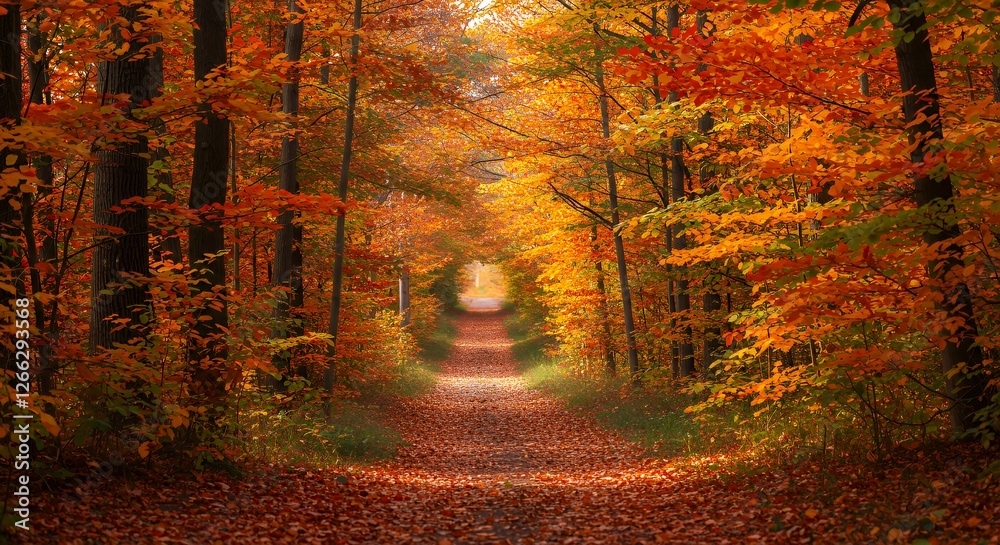 Fototapeta premium Walking Path Through Colorful Autumn Forest Landscape with Vibrant Foliage