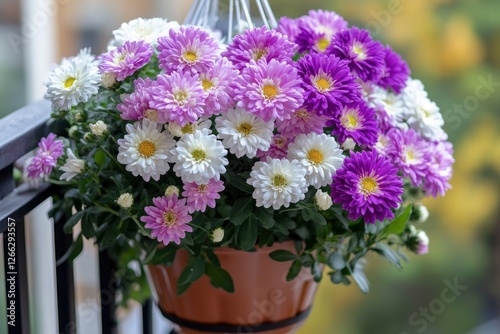 Beautiful blooming white, pink and purple aster balcony flowers in decorative flower pot hanging on with generative ai