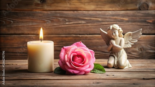 A lit candle, a pink rose, and a cherubic angel figurine arranged on rustic wooden surface, creating a serene and contemplative scene.