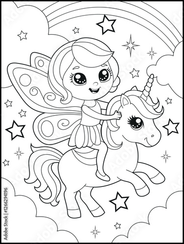 Black and white fairy coloring pages for kids. Children's coloring books with cute cartoon fairy and unicorn characters, fun and educational materials for kindergarten.

