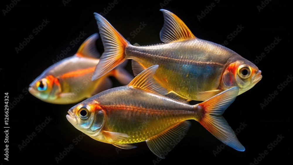 Three shimmering fish, scales reflecting light, a mesmerizing underwater ballet of vibrant hues and graceful movements Three shimmering fish, scales reflecting light, a mesmerizing underwater ballet of vibrant hues and graceful movements