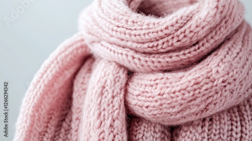 Pink knitted scarf, textured closeup, neutral background, winter fashion