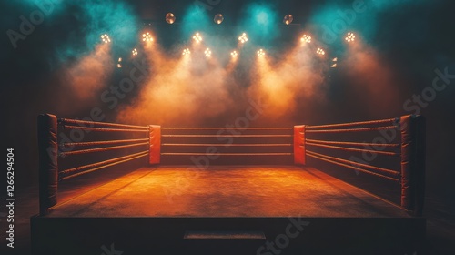 Empty boxing ring, spotlights, smoky arena, fight night