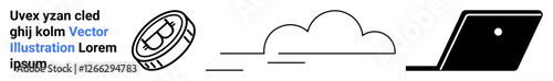 Coin travels through cloud towards laptop, symbolizing fintech, remote transactions, cryptocurrency. Ideal for finance, technology, cloud computing, economy, digital banking decentralization