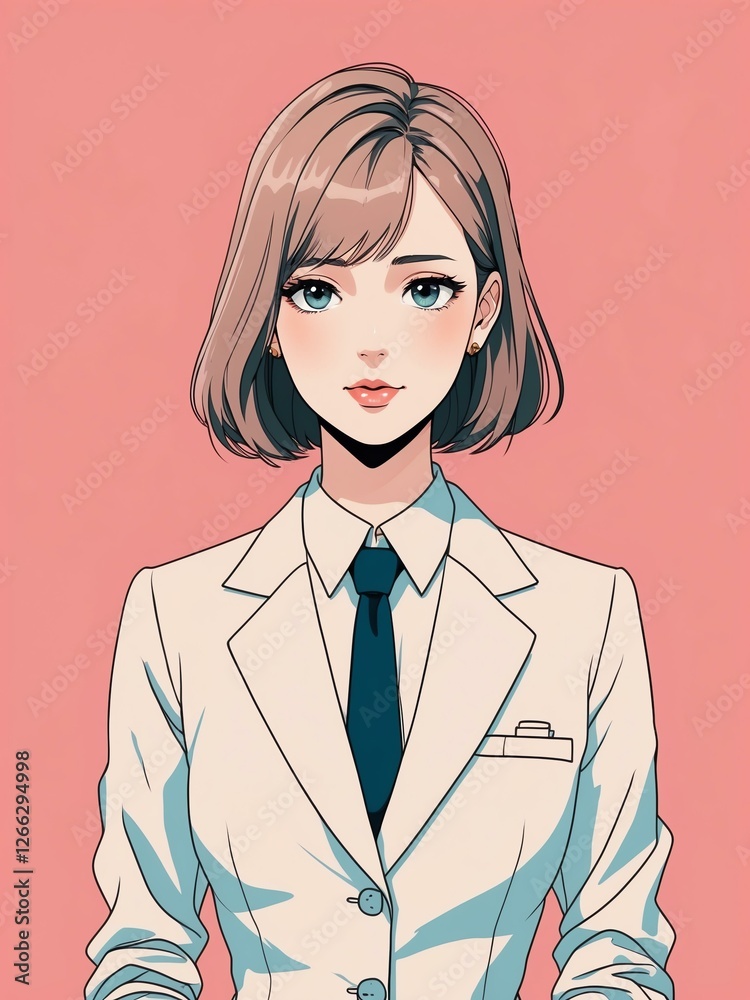 cute office woman isolated plain pastel red background, anime retro drawing style cute office woman isolated plain pastel red background, anime retro drawing style
