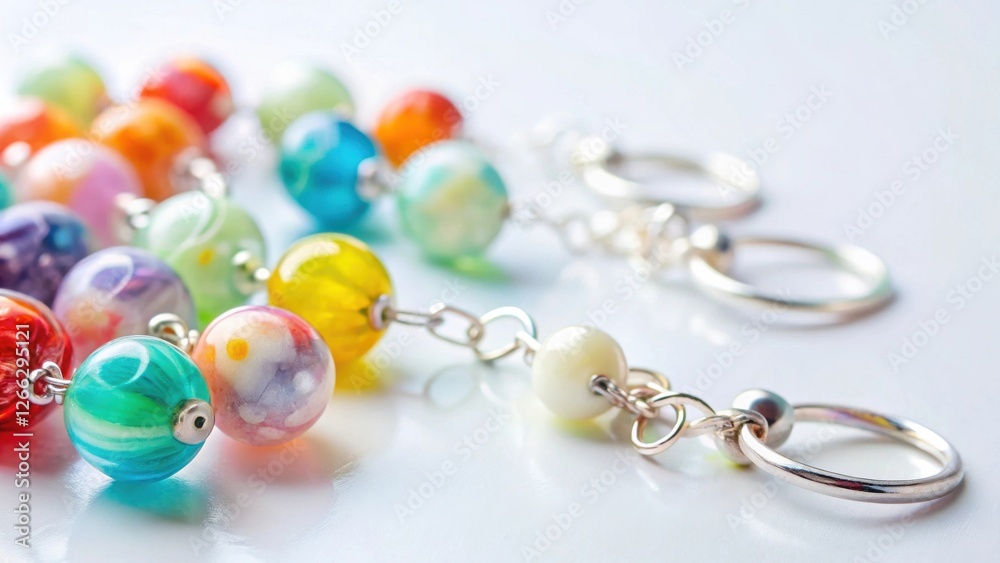 A Colorful Bead Necklace and Earrings Set with Silver Chain and Clasps on White Background A Colorful Bead Necklace and Earrings Set with Silver Chain and Clasps on White Background