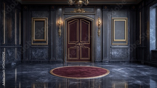 Dark marble hallway entryway with burgundy door and framed pictures photo