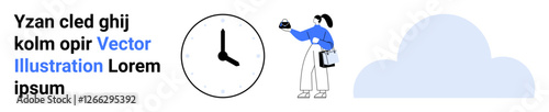 Woman holding laptop and cup stands beside clock and cloud element. Ideal for productivity, time management, technology, organization, work-life balance, digital tools, flat landing page banner
