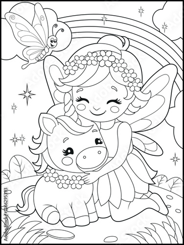 Black and white fairy coloring pages for kids. Children's coloring books with cute cartoon fairy and unicorn characters, fun and educational materials for kindergarten.
