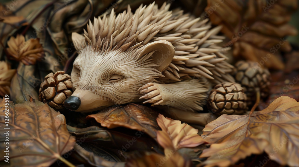 Obraz premium clay sculpted hedgehog curled up in bed of leaves, surrounded by pine cones, evokes sense of tranquility and nature beauty