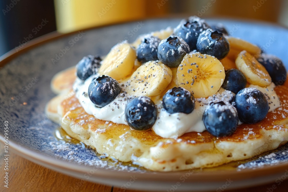 Fluffy pancakes topped with blueberries, banana slices, and yogurt. A delicious and healthy breakfast or brunch option, perfect for a magazine feature or menu. Fluffy pancakes topped with blueberries, banana slices, and yogurt. A delicious and healthy breakfast or brunch option, perfect for a magazine feature or menu.