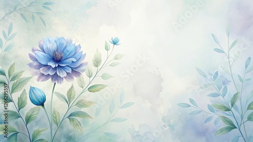 Serene Watercolor Floral Design Featuring Delicate Blue Flowers and Greenery on a Soft, Pastel Background