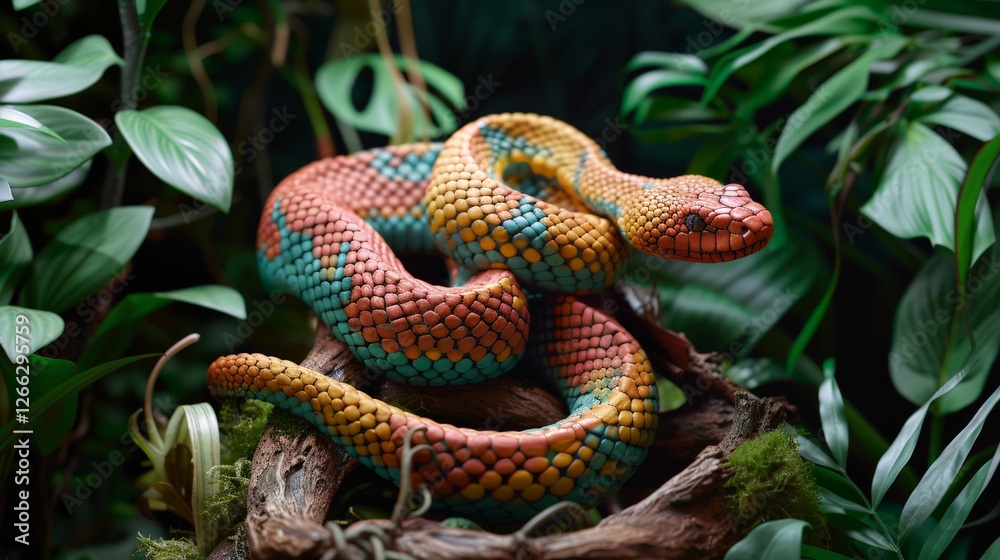 Fototapeta premium colorful clay model of snake coiled around branch, surrounded by lush greenery, showcases vibrant colors and intricate details