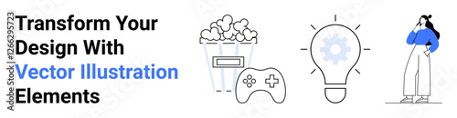 Popcorn bucket, game controller, glowing lightbulb, thoughtful woman. Ideal for creativity, entertainment, design, ideas innovation gaming inspiration. Perfect flat landing page banner
