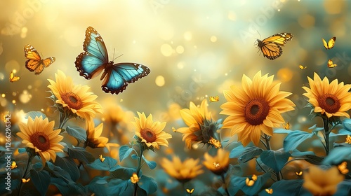 Colorful butterflies fluttering among vibrant sunflowers in a sunlit garden, creating a serene atmosphere
