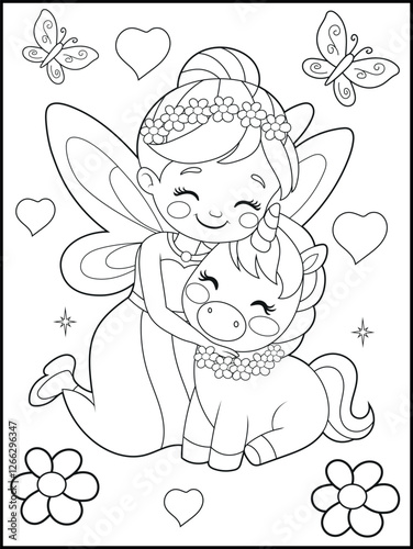 Black and white fairy coloring pages for kids. Children's coloring books with cute cartoon fairy and unicorn characters, fun and educational materials for kindergarten.
