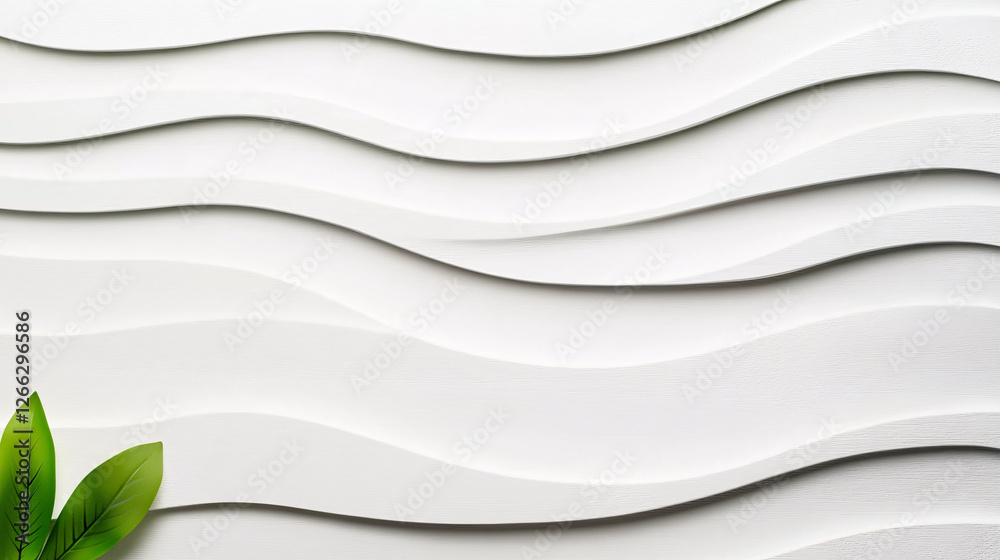 Obraz premium Smooth white abstract background with gentle curves and green leaves, creating serene and modern atmosphere. Ideal for design and nature themes