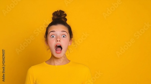 Surprised woman with hair bun against yellow background expressing shock and amazement