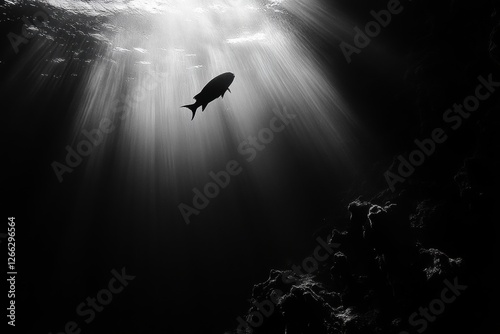 Silhouetted fish swims in dark underwater scene, sunbeams illuminate it from above. Perfect for themes of mystery, solitude, or aquatic life, evokes a sense of wonder. photo