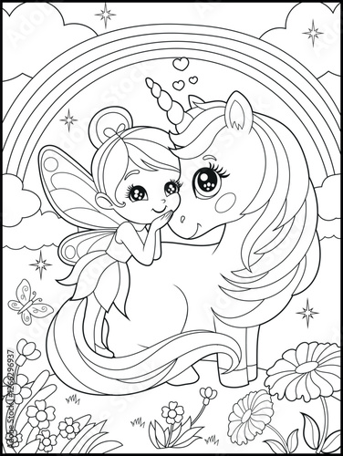 Black and white fairy coloring pages for kids. Children's coloring books with cute cartoon fairy and unicorn characters, fun and educational materials for kindergarten.
