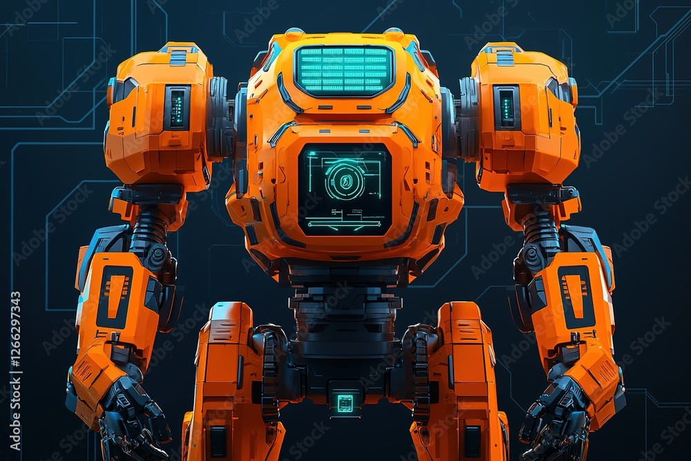 Fototapeta premium A futuristic orange robot with a digital interface, showcasing advanced technology and a sleek design against a dark background.