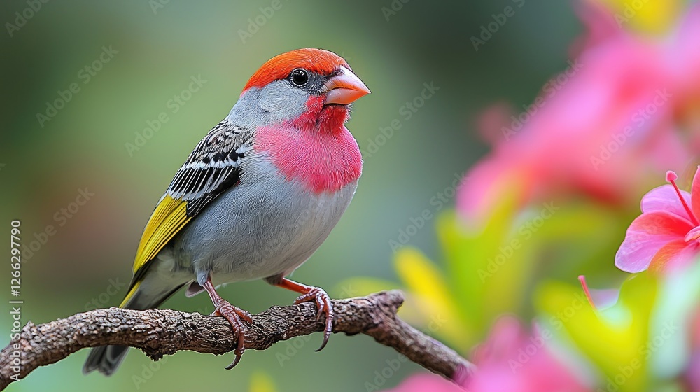 Vibrant bird perched on a branch amidst colorful flowers in a lush garden setting Vibrant bird perched on a branch amidst colorful flowers in a lush garden setting