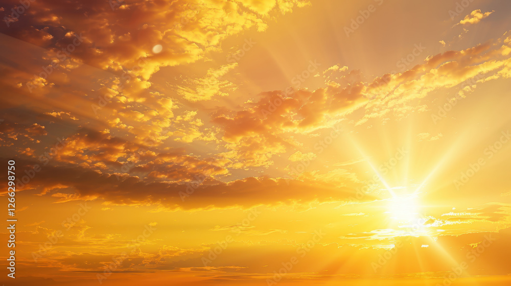 Fototapeta premium stunning sunset with vibrant orange and yellow hues illuminating sky, casting rays of light through fluffy clouds, creating serene and peaceful atmosphere