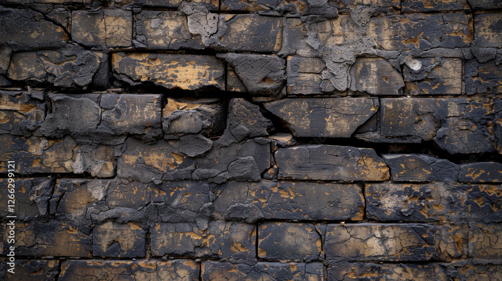 Burnt brick wall with charred texture and cracks, showcasing aftermath of fire. dark tones and rough surface create dramatic and gritty atmosphere Burnt brick wall with charred texture and cracks, showcasing aftermath of fire. dark tones and rough surface create dramatic and gritty atmosphere