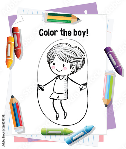 Coloring Page with Happy Jumping Boy