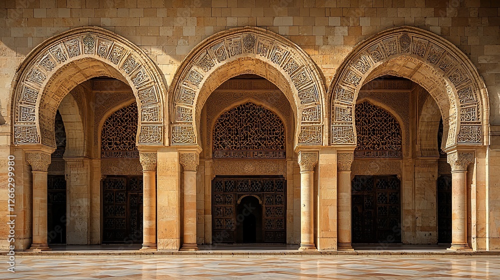 Majestic arches of a historic building with intricate designs and serene atmosphere Majestic arches of a historic building with intricate designs and serene atmosphere