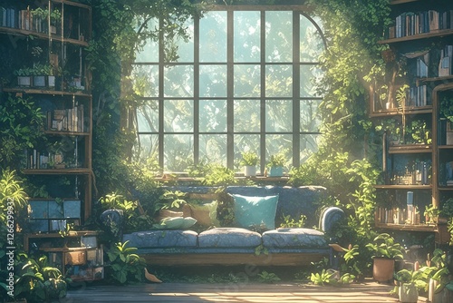 Sunlit indoor library room overgrown with plants, forest view