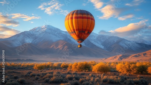 A vibrant hot air balloon floats over a picturesque mountain landscape at sunset, showcasing nature's beauty