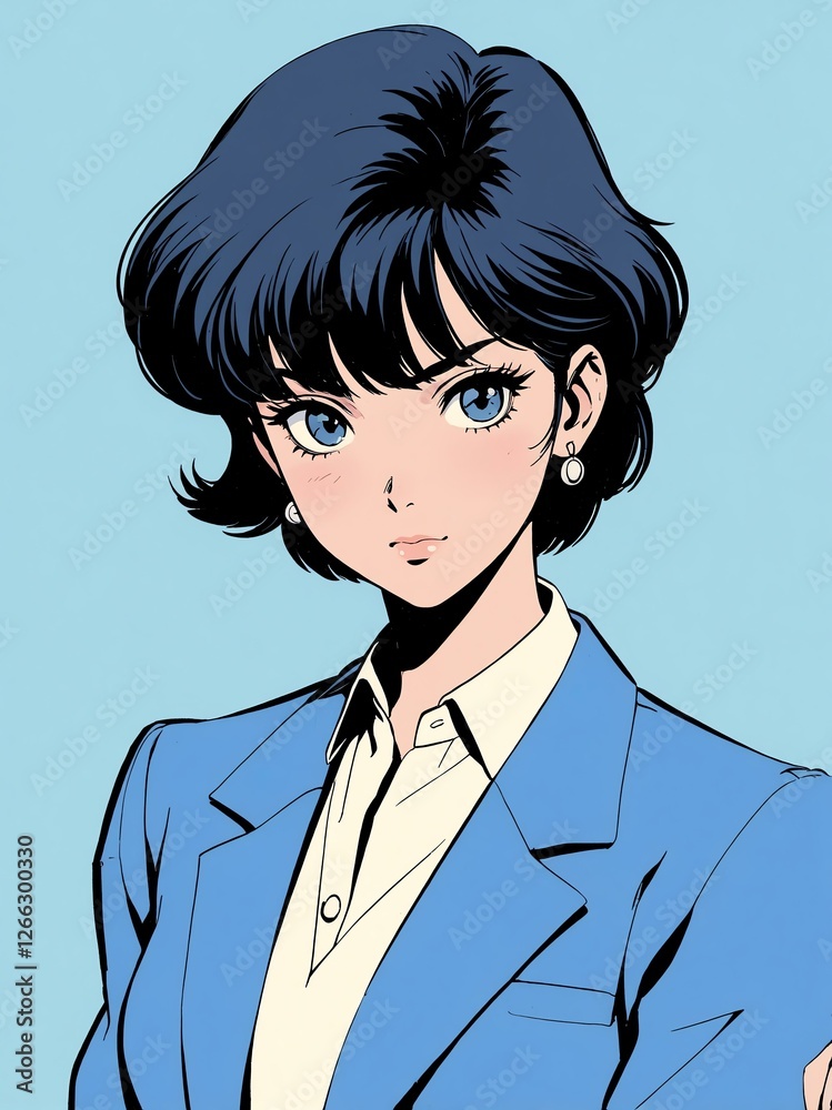 cute office woman isolated plain pastel blue background, anime retro drawing style cute office woman isolated plain pastel blue background, anime retro drawing style